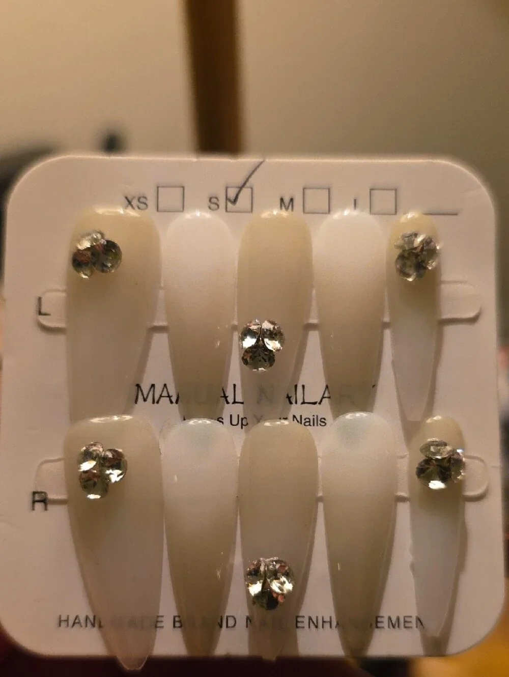 Press-On Nail Set with Crystal Accents - White/Cream Size Small